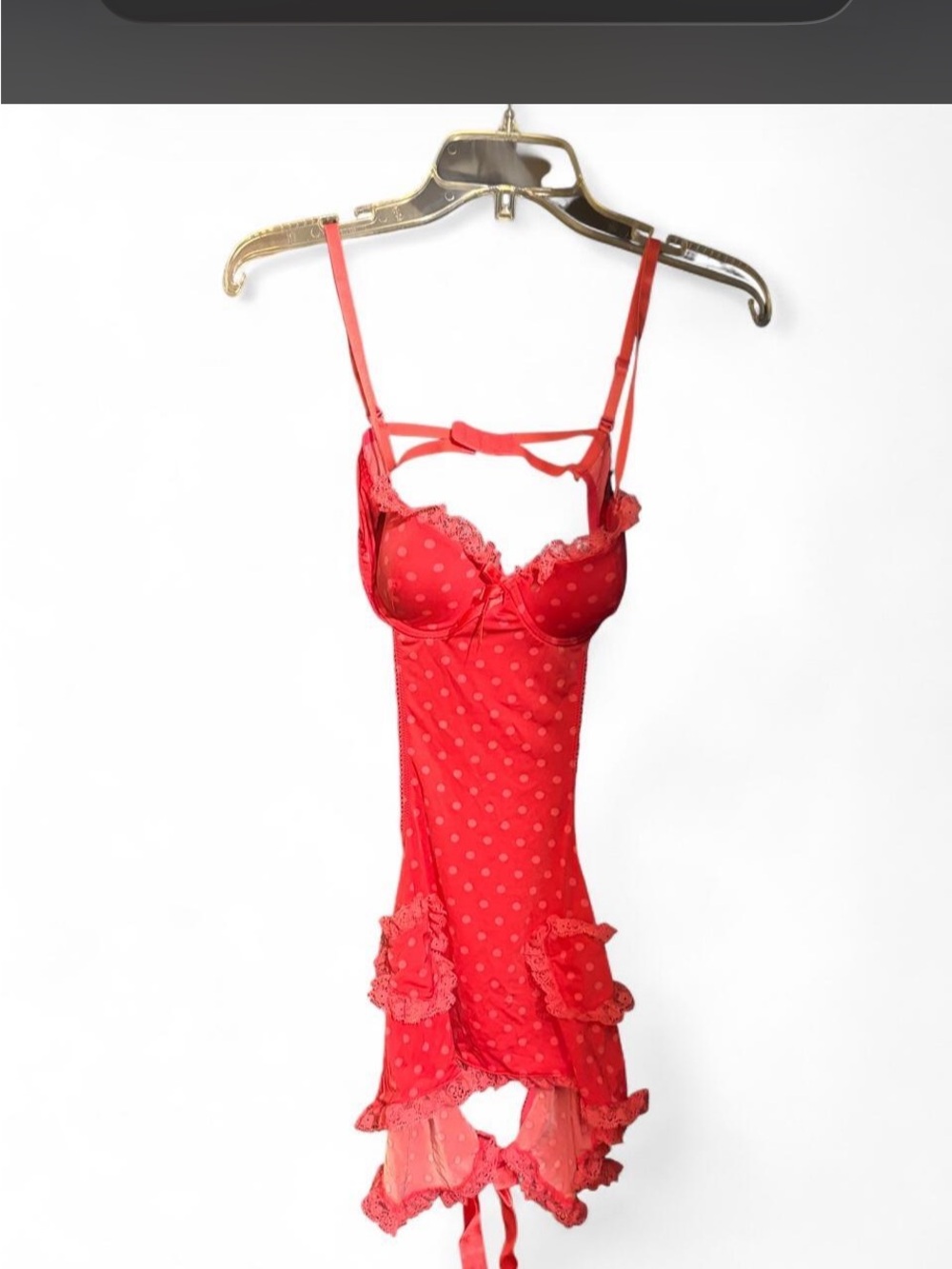 Victoria's Secret Red Polka-Dot Lace Chemise with Bow Detail